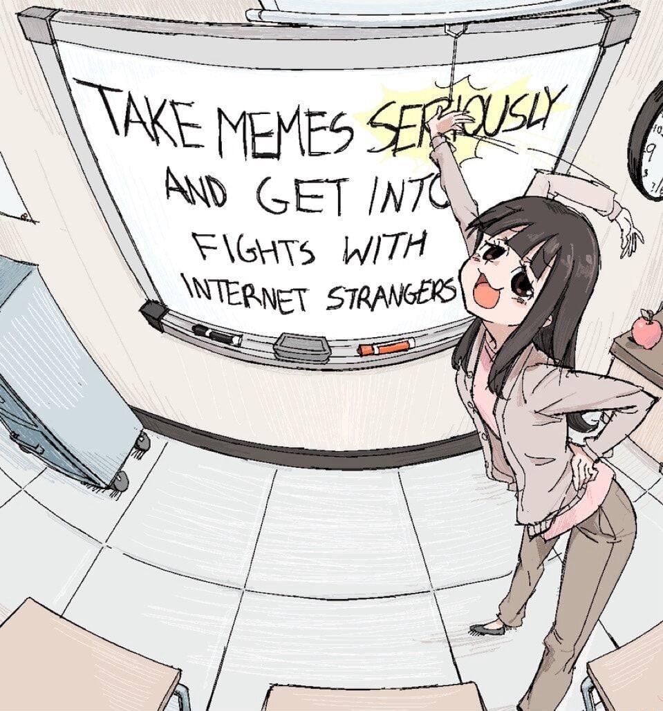 A lady teacher smiling slaps a white board that says, "Take memes seriously and get into fights with internet strangers"